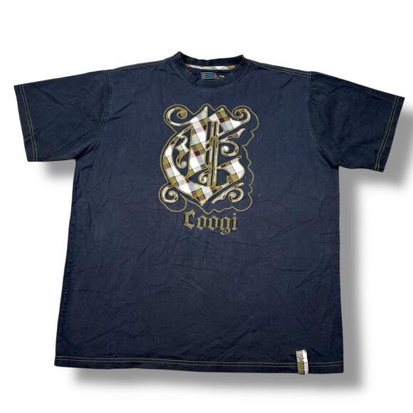 VTG Coogi Patch T-Shirt XXL Plaid Crest Logo Black Gold Stitching Hip Hop Y2K - Picture 1 of 8